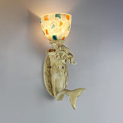 BowLift | Shell Bowl/Dome Wall Lamp Rustic Tiffany 1 Light Wall Sconce with Resin Mermaid in Beige