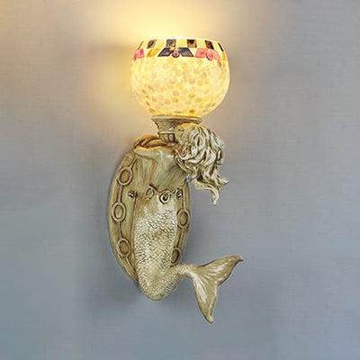 BowLift | Shell Bowl/Dome Wall Lamp Rustic Tiffany 1 Light Wall Sconce with Resin Mermaid in Beige