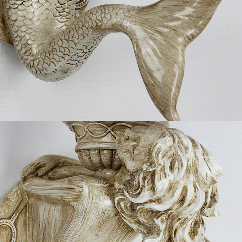 BowLift | Shell Bowl/Dome Wall Lamp Rustic Tiffany 1 Light Wall Sconce with Resin Mermaid in Beige