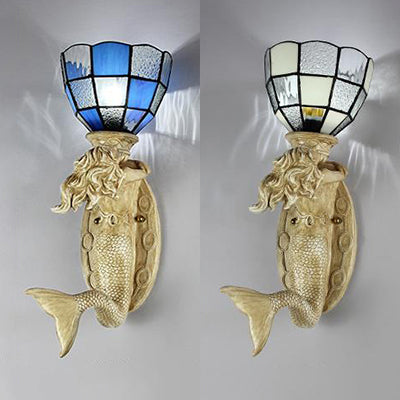 BowLift | Resin Mermaid Wall Scone Light with Gridded Glass Shade 1 Head Lodge Wall Mount Light in White/Blue