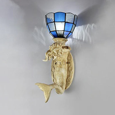 BowLift | Resin Mermaid Wall Scone Light with Gridded Glass Shade 1 Head Lodge Wall Mount Light in White/Blue