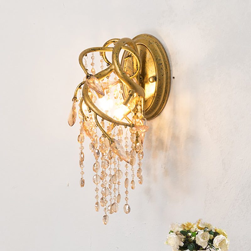 BowLift | Branching Wall-Mounted Lighting Vintage Metal 1 Bulb Brass Finish Wall Light with Amber Crystal Bead Accent