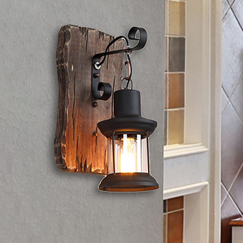 BowLift | Black One-Light Wall Sconce Rustic Clear Glass with Grid Lighting and Wood Back Panel