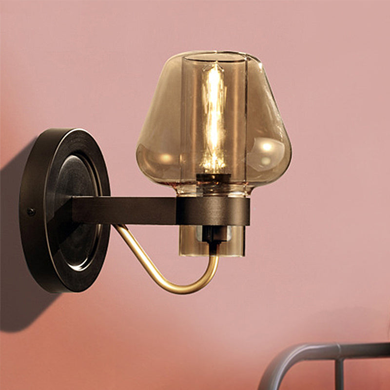 BowLift | 1 Light Amber Glass Wall Lamp Modern Black Mushroom Bedroom Lighting