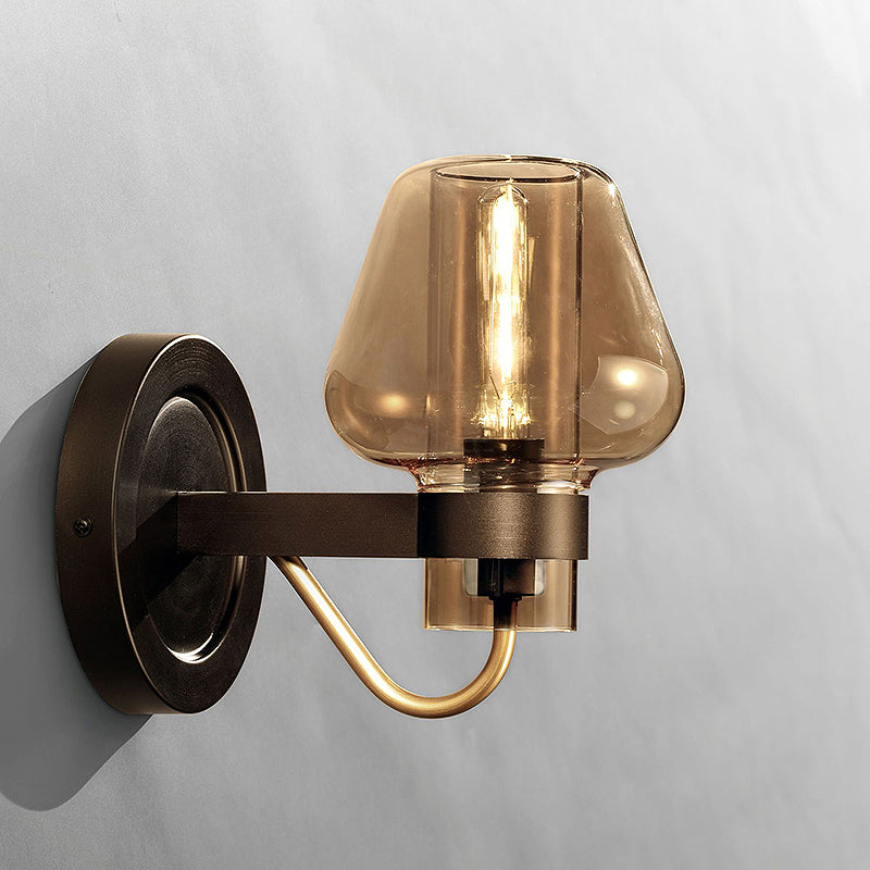 BowLift | 1 Light Amber Glass Wall Lamp Modern Black Mushroom Bedroom Lighting