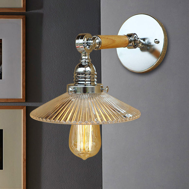 BowLift | 1 Light Clear Ribbed Glass Wall Sconce Light Industrial Chrome Cone Living Room Lighting Fixture, 8"/4"/6" Width Wood Arm