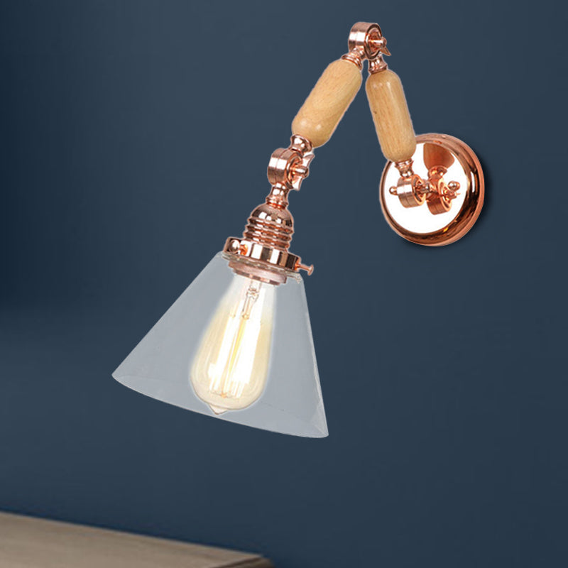 BowLift | Cone Shade Bedroom Wall Lamp Vintage Clear Glass 1 Light Wooden Wall Lamp with Long Arm