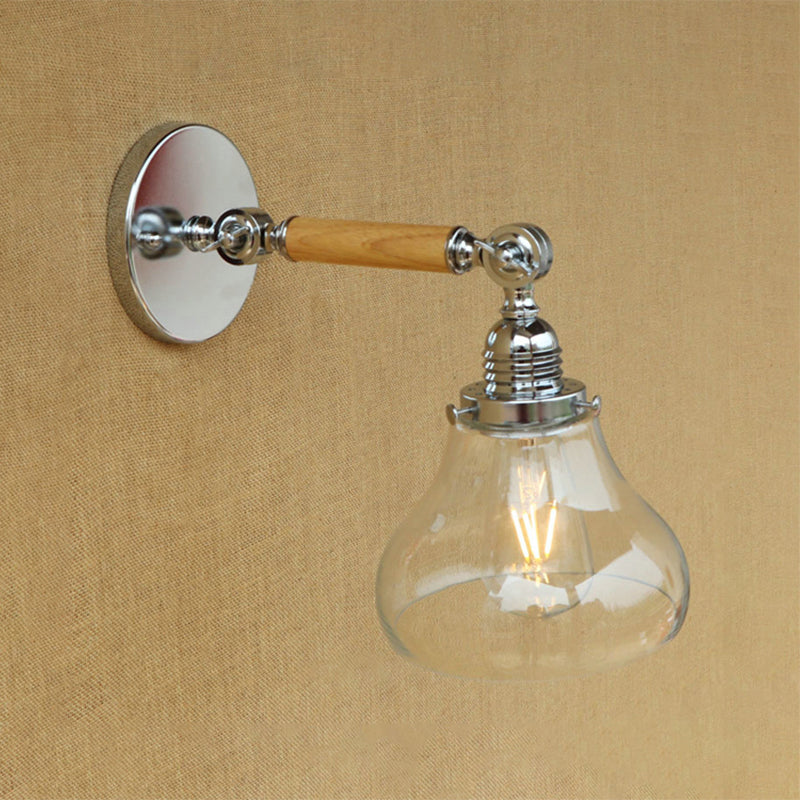 BowLift | Wood One Light Wall Lamp Vintage Clear Glass Pear Lighting Fixture for Living Room, 8"/4"/6" L Wooden Arm