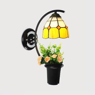 BowLift | Dome Wall Lamp Tiffany Colored Glass 1 Head Yellow/Clear/Blue Wall Lamp Fixture with Flower Decoration