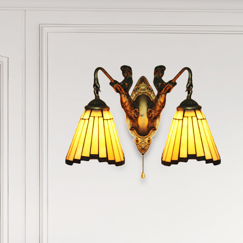 BowLift | Yellow Glass Old Brass Wall Light Arc/Nix 2 Heads Mission Wall Mounted Lamp