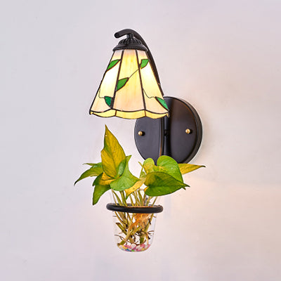 BowLift | Cone Wall Light 1 Head Beige/Blue Glass Tiffany Wall Light with Plant Decoration