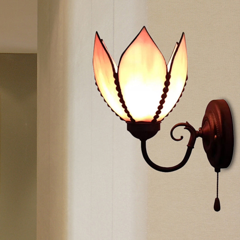 BowLift | A light Petal wall lighting with curved arm and pull chain, stained glass rustic wall lamp