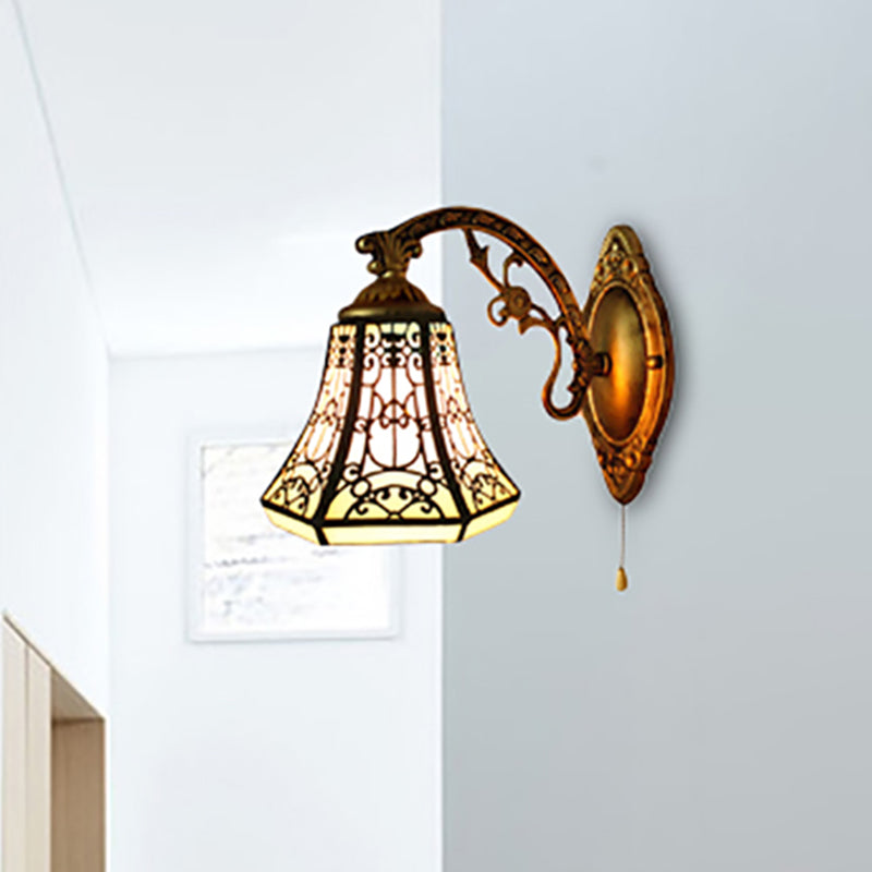 BowLift | Stained Glass Wall Lamp with Aged Brass Curved Arm 1 Light Lodge Wall Mount Lamp