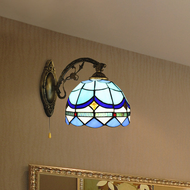 BowLift | 1 Light Dome Wall Lamp with Pull Chain Baroque Style Stained Glass Wall Lantern Light in Sky Blue/Navy Blue