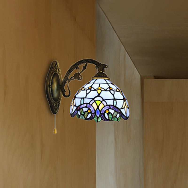 BowLift | 1 Light Dome Wall Lamp with Pull Chain Baroque Style Stained Glass Wall Lantern Light in Sky Blue/Navy Blue