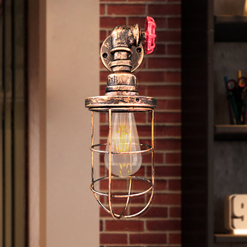 BowLift | Wire frame corridor wall lamp iron 1 head farmhouse wall lighting with red shade design in antique bronze/black