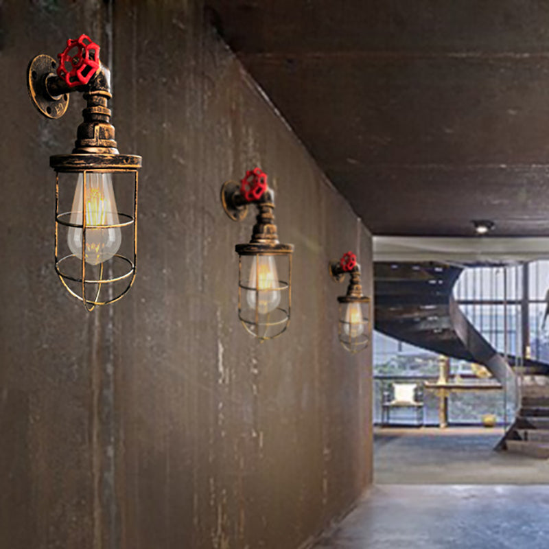BowLift | Wire frame corridor wall lamp iron 1 head farmhouse wall lighting with red shade design in antique bronze/black