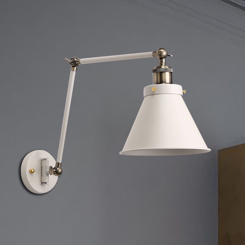 BowLift | Cone Wall Lamp Fixture Industrial Style Metal 1 Bulb Black/White Wall Light with Swing Arm for Bedroom