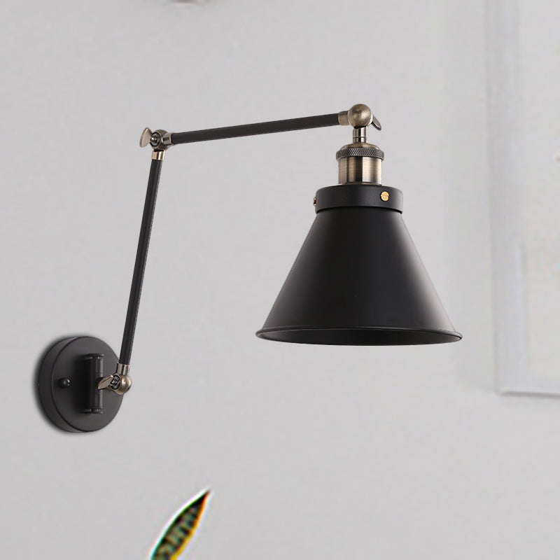 BowLift | Cone Wall Lamp Fixture Industrial Style Metal 1 Bulb Black/White Wall Light with Swing Arm for Bedroom