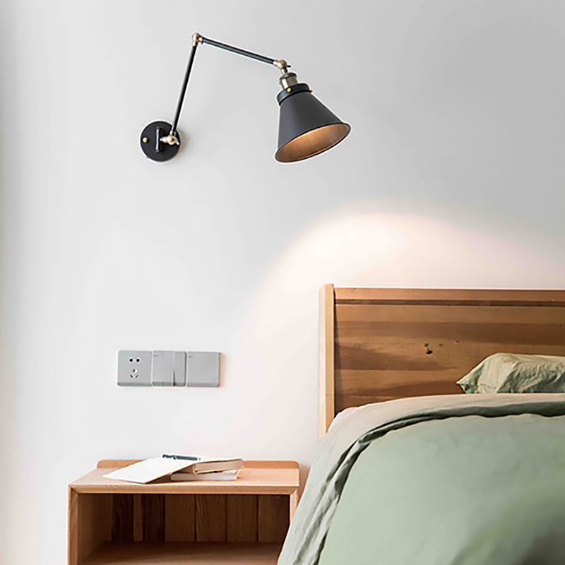 BowLift | Cone Wall Lamp Fixture Industrial Style Metal 1 Bulb Black/White Wall Light with Swing Arm for Bedroom