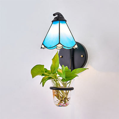 BowLift | 1 Heads Wall Mounted Lamp Tiffany Flower Blue/White Glass Wall Light with Plant Decoration