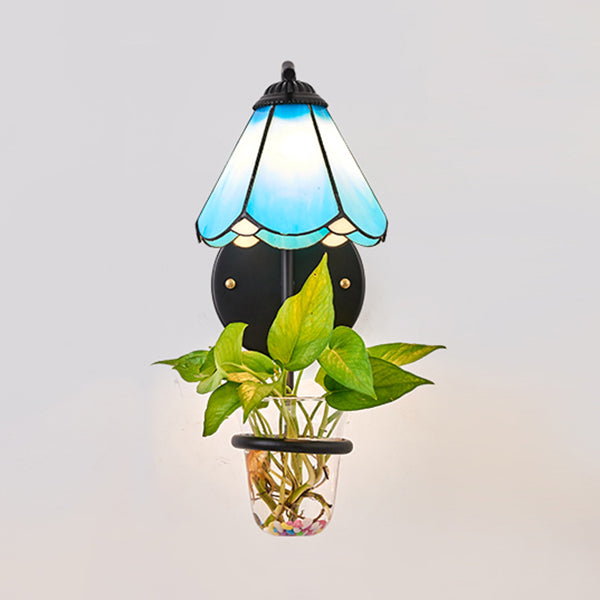 BowLift | 1 Heads Wall Mounted Lamp Tiffany Flower Blue/White Glass Wall Light with Plant Decoration