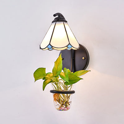 BowLift | 1 Heads Wall Mounted Lamp Tiffany Flower Blue/White Glass Wall Light with Plant Decoration
