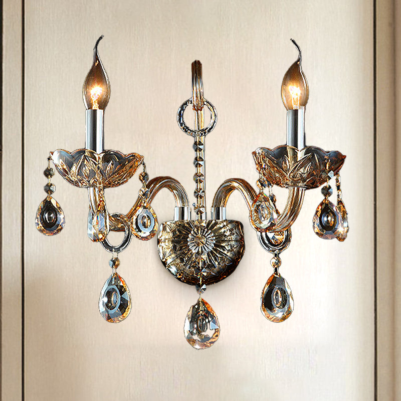 BowLift | Amber Glass Candle Holder Light Modernism 1/2 Heads Bedroom Wall Light Lamp with Crystal Drop Accent