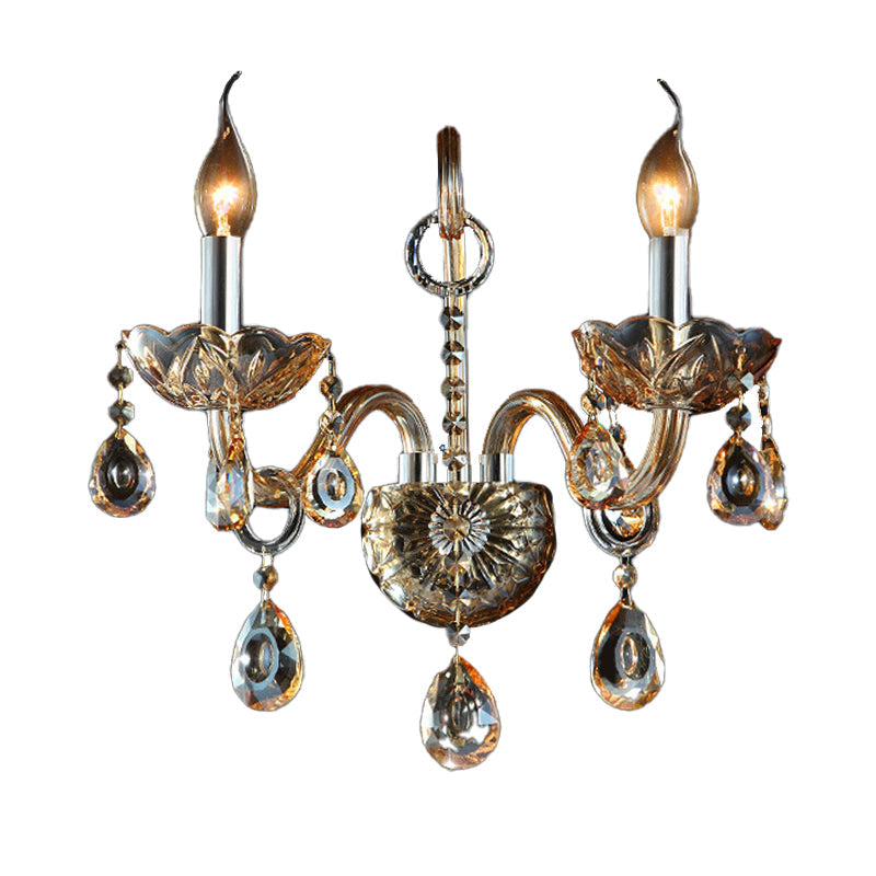BowLift | Amber Glass Candle Holder Light Modernism 1/2 Heads Bedroom Wall Light Lamp with Crystal Drop Accent