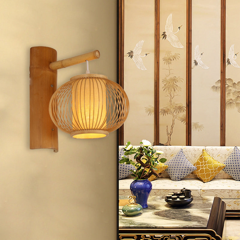 BowLift | Wood Pumpkin Wall Lamp contemporary bamboo 1-bulb wall light with inner cylinder parchment shade