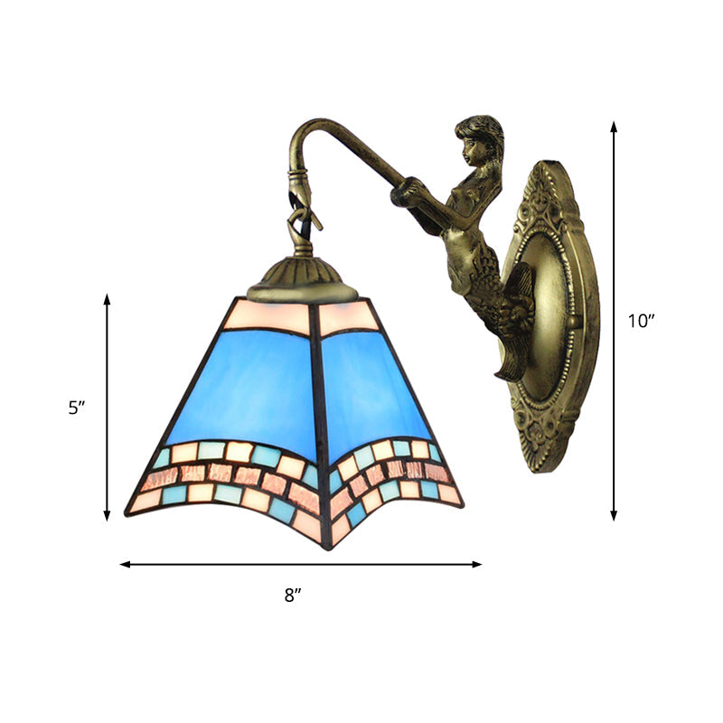 BowLift | Mediterranean Pyramid Wall Light Fixture 1 Head Blue Glass Wall Lamp with Mermaid Backplate