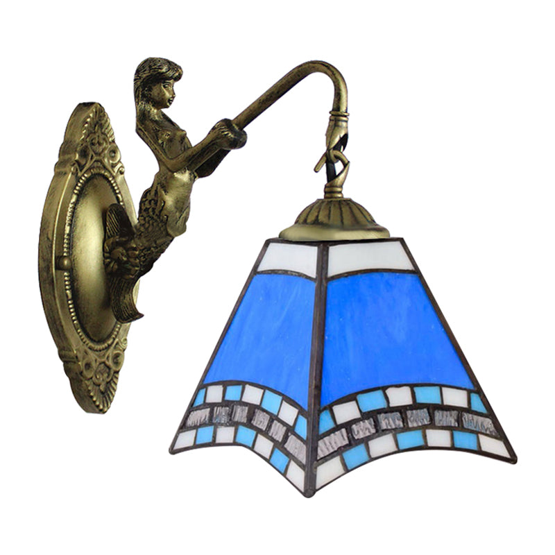 BowLift | Mediterranean Pyramid Wall Light Fixture 1 Head Blue Glass Wall Lamp with Mermaid Backplate