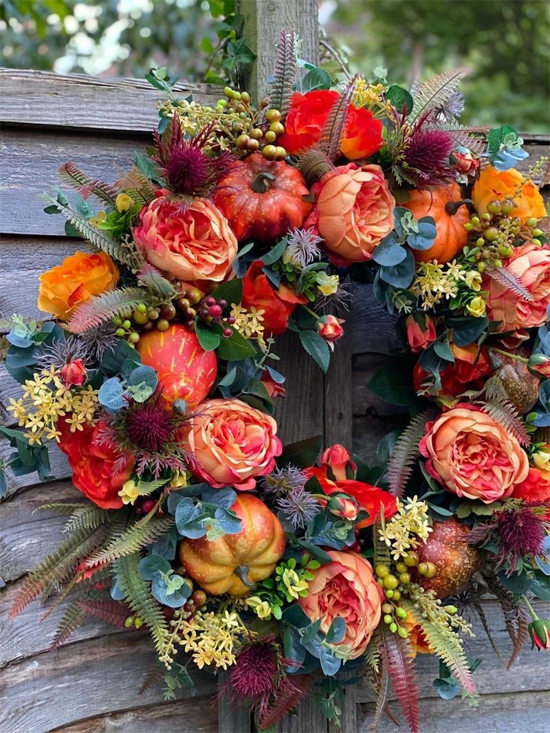 BowLift | Autumn Door Wreath | Rustic Peony & Pumpkin Design | Handcrafted Fall Decoration