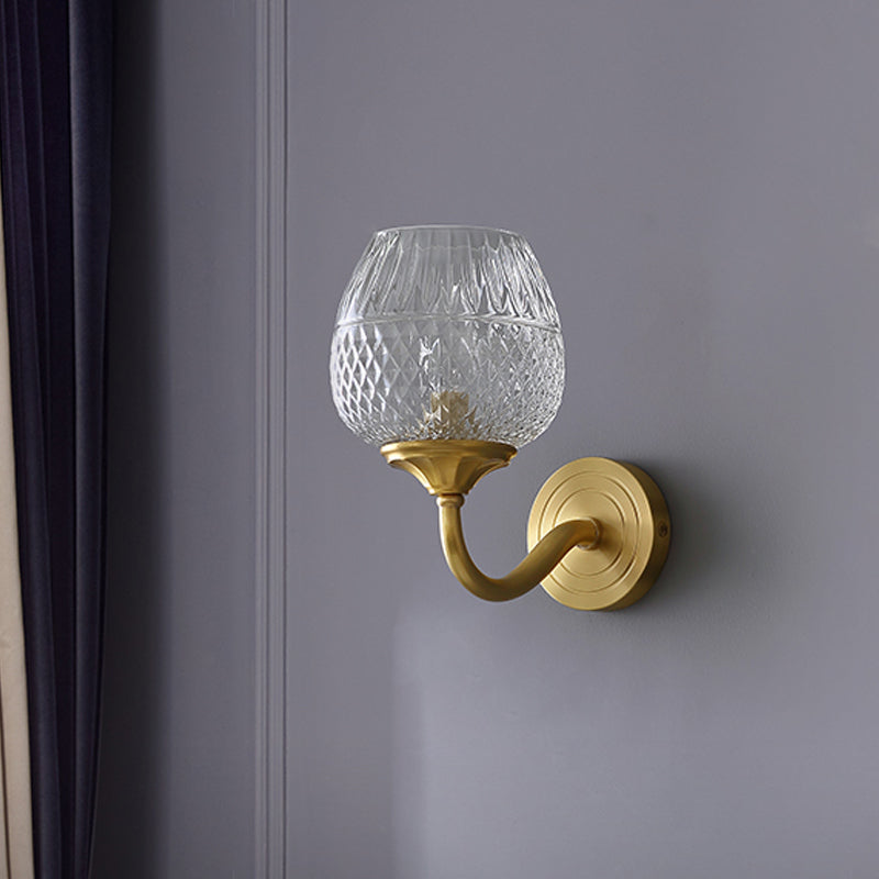 BowLift | Grid Brandy Glass Wall Lamp Contemporary Single Brass Wall Mounted Light with Curved Arm