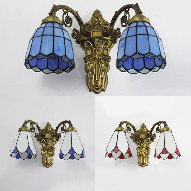 BowLift | Stained Glass Wall Light with Curved Arm Tiffany Style Double Wall Lamp in Red/White/Blue for Bedroom Lighting