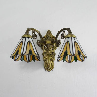 BowLift | Blue/Beige Floral Wall Mount Light Stained Glass 2 Bulbs Vintage Wall Lighting in Antique Gold for Bedroom