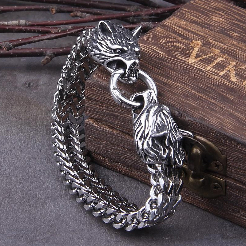 BowLift | Viking Stainless Steel Double Wolf Head Fenrir Bracelet