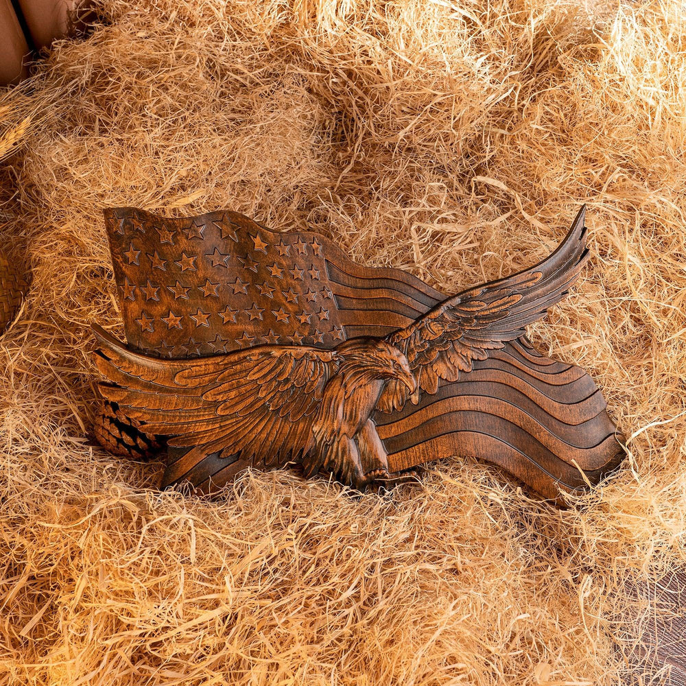 BowLift | American Flag Wood Wall Art Hand Carved Eagle Patriotic Decoration