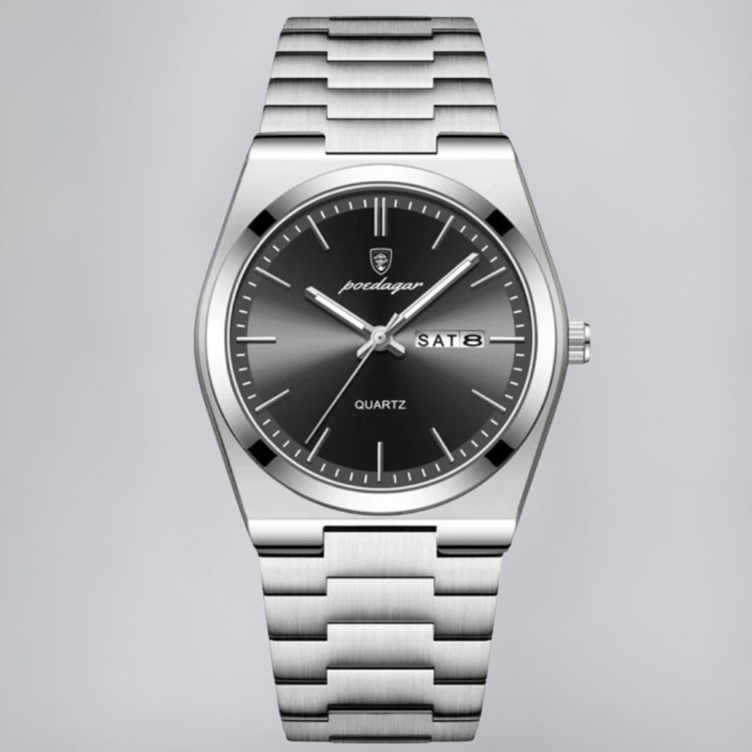 Stainless Steel Watch with Emerald Green Dial and Day-Date Display