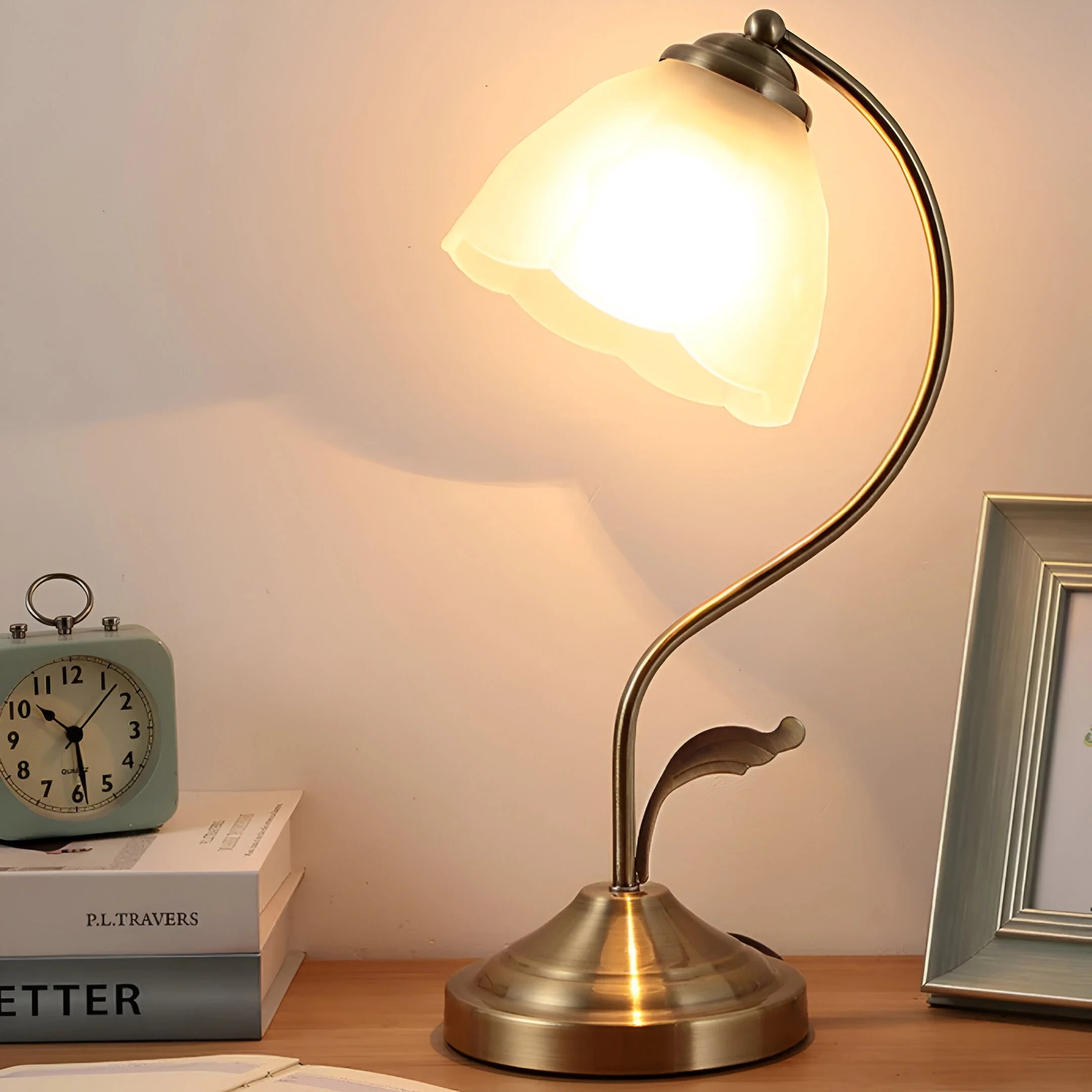 AuroraBloom – Gold Accent Table Lamp with Floral Glass Shade