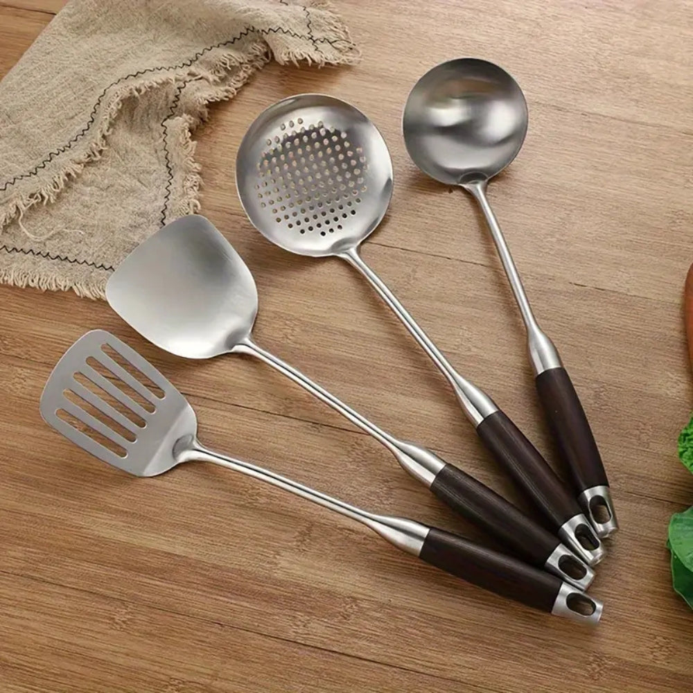 BowLift | Gleaming Stainless Steel Wooden Utensils | 6Pcs Set