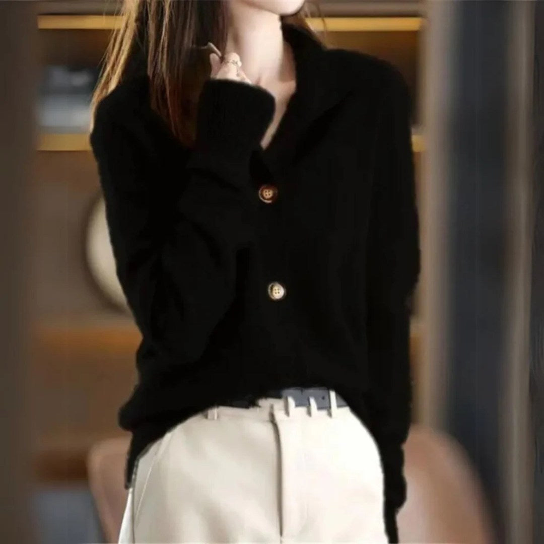 Wool Blend Cardigan with Scalloped Buttons and Stand-Up Collar