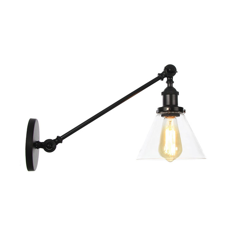 BowLift | Industrial Conical Wall Lamp 1 Light Clear Glass Lighting in Black/Bronze/Brass, 8"/12" L Arm
