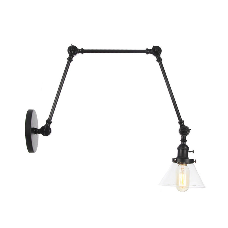 BowLift | 1 Light Wall Lamp Industrial Cone Clear/Amber Glass Wall Lamp in Black/Bronze/Brass with Adjustable Arm, 8“+8"/8"+8"+8" Long