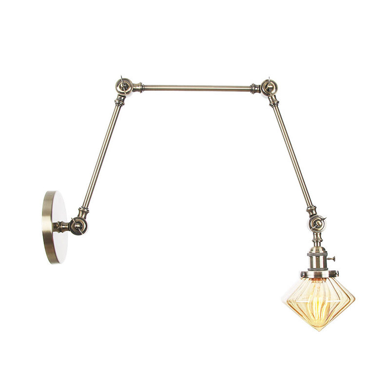 BowLift | 1 Light Dining Room Wall Lamp Vintage Black/Bronze/Brass Wall Mounted Lamp with Diamond Clear/Amber Glass Shade, 8"+8"/8"+8"+8" L Adjustable Arm