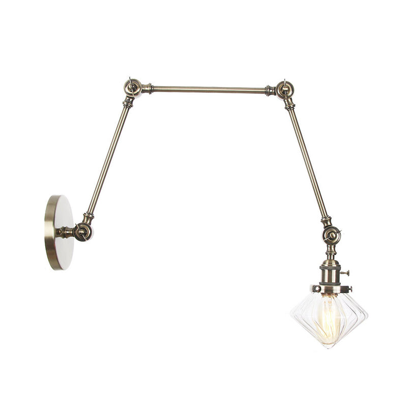 BowLift | 1 Light Dining Room Wall Lamp Vintage Black/Bronze/Brass Wall Mounted Lamp with Diamond Clear/Amber Glass Shade, 8"+8"/8"+8"+8" L Adjustable Arm