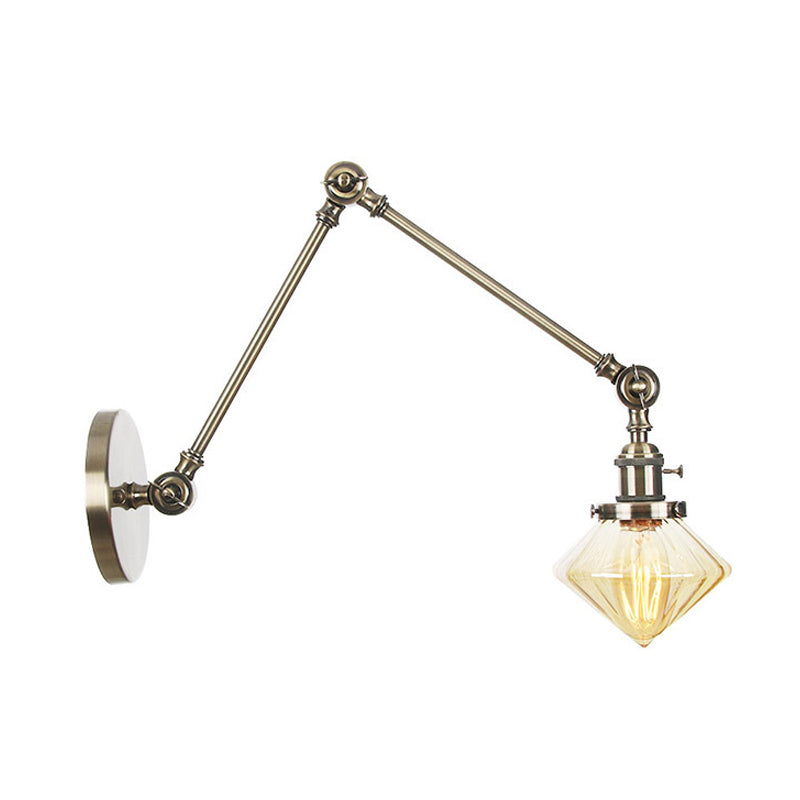 BowLift | 1 Light Dining Room Wall Lamp Vintage Black/Bronze/Brass Wall Mounted Lamp with Diamond Clear/Amber Glass Shade, 8"+8"/8"+8"+8" L Adjustable Arm
