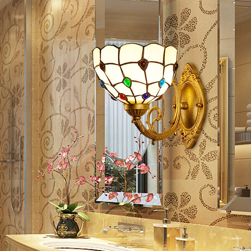 BowLift | 1 Light Bathroom Vanity Lamp Mediterranean Brass Wall Light with Beaded White Glass Shade