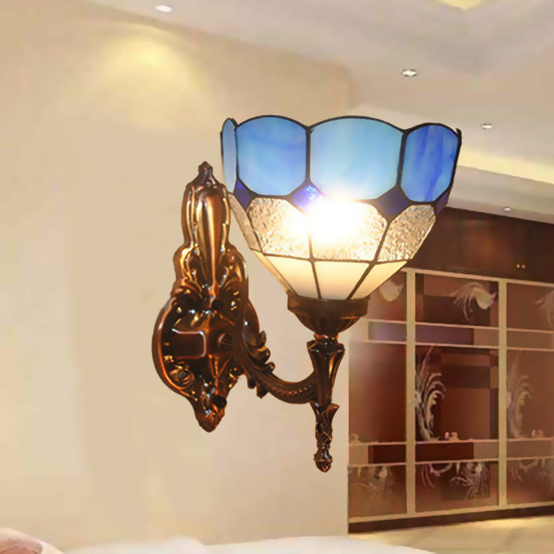 BowLift | Dome Hand-Painted Glass Wall Lamp Tiffany Style 1 Light Blue/Gold/Beige Wall Lamp for Bedroom