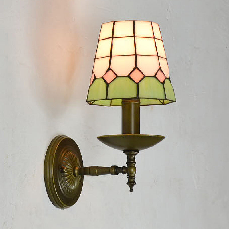 BowLift | Tiffany Grid Patterned Wall Lighting Fixture 1 Light Hand-Cut Glass Wall Lamp in Orange/Blue/Green